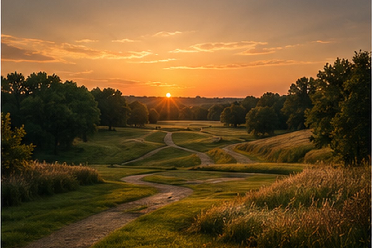 Golf course path at sunset