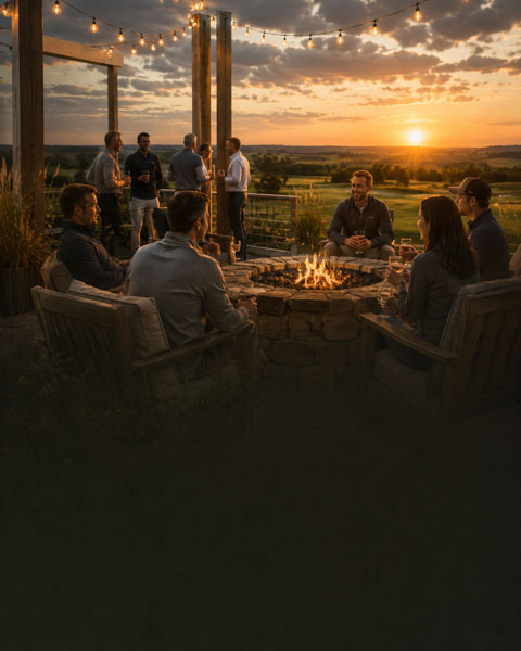 Group gathered around a fire pit at sunset